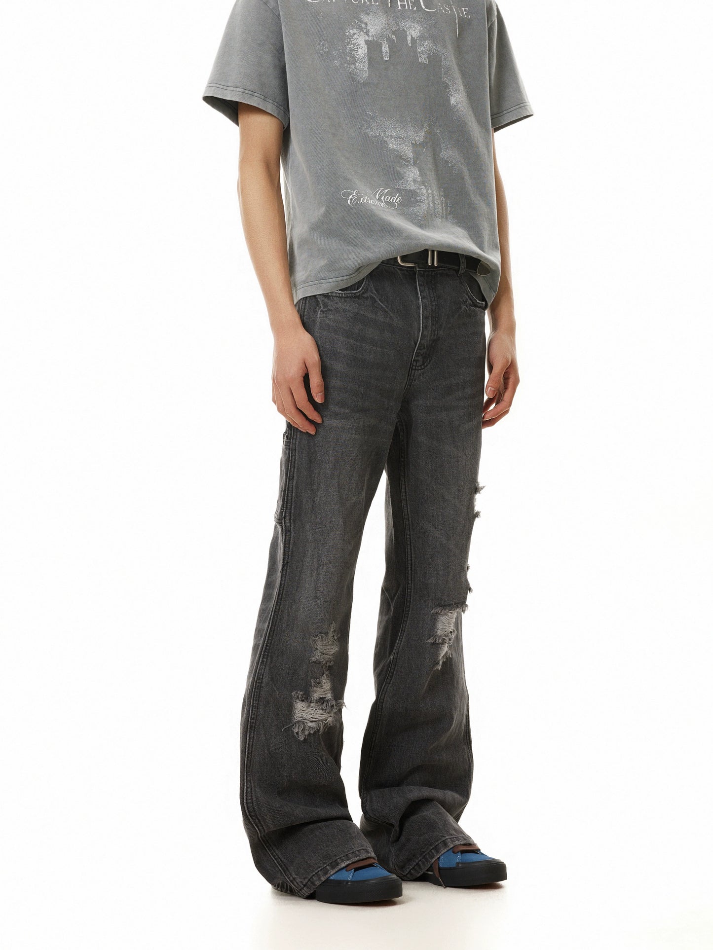 TJ10117 Distressed Gray Washed Flare Jeans