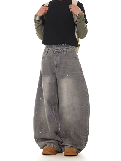 TJ10107 Baggy Gray Washed Distressed Paint Splash Jeans