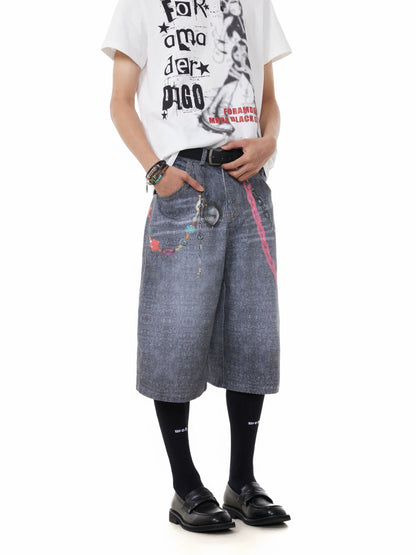 TJ10146 Baggy Vintage 3D Digital Printed Pink Chain Shorts
