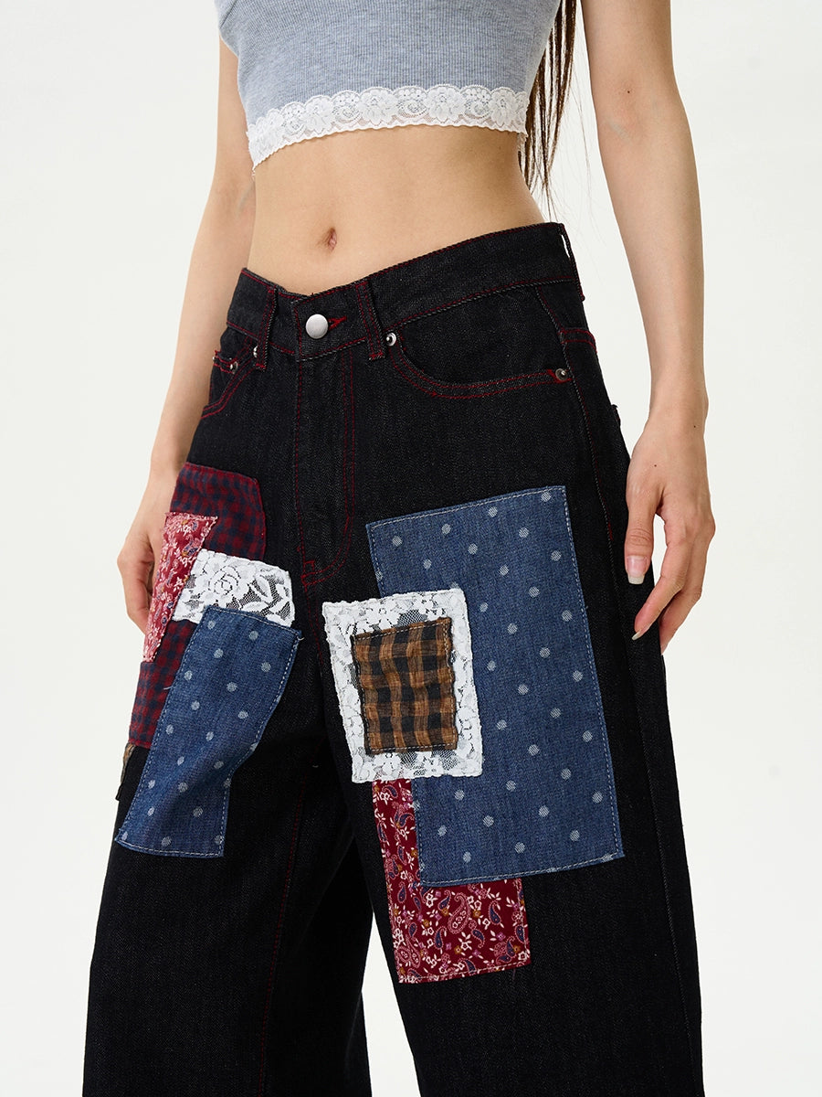 TJ10039 Baggy Jeans/ Plaid Patchwork