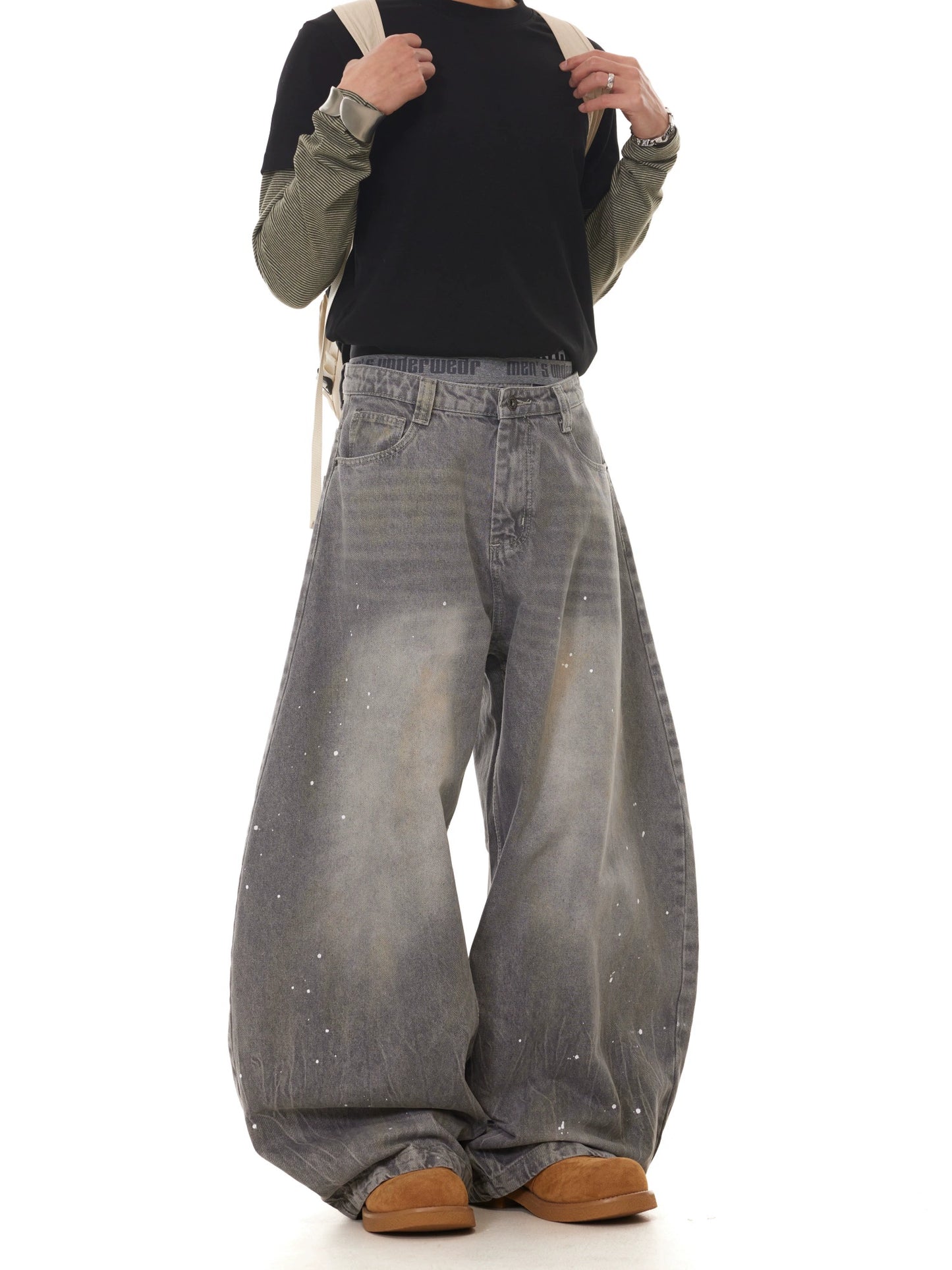 TJ10107 Baggy Gray Washed Distressed Paint Splash Jeans
