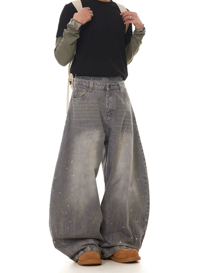 TJ10107 Baggy Gray Washed Distressed Paint Splash Jeans