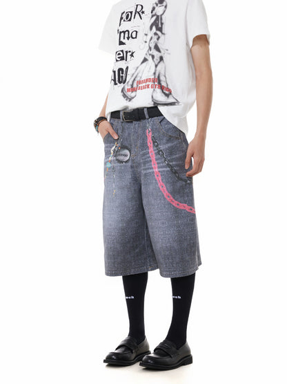TJ10146 Baggy Vintage 3D Digital Printed Pink Chain Shorts