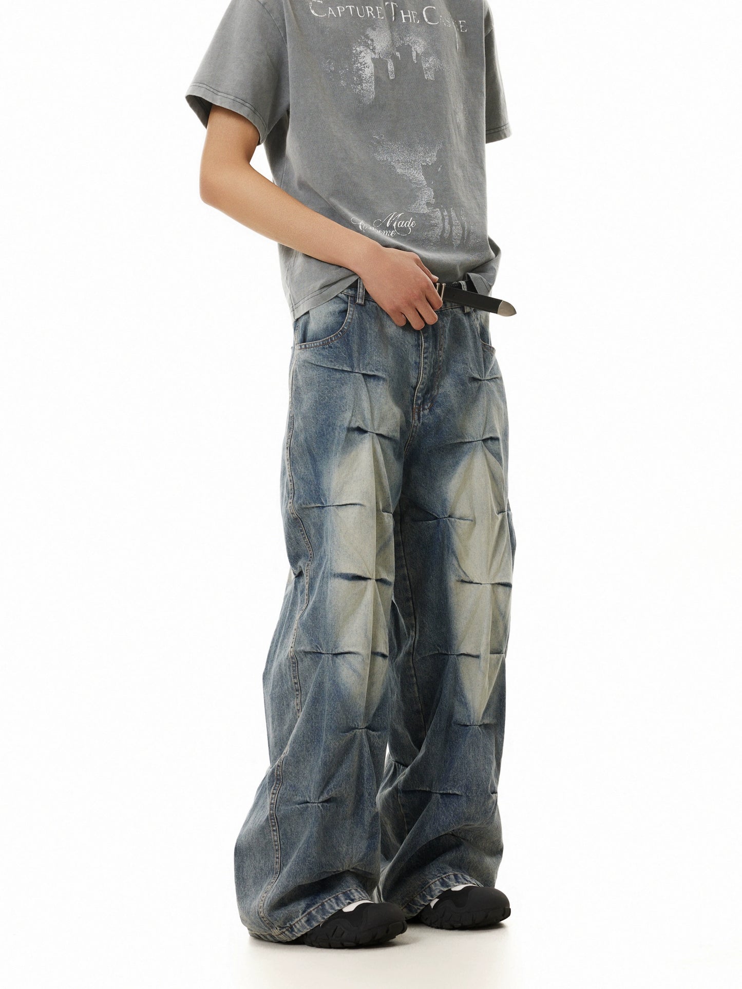 TJ10111 Baggy Allover Pleated Jeans