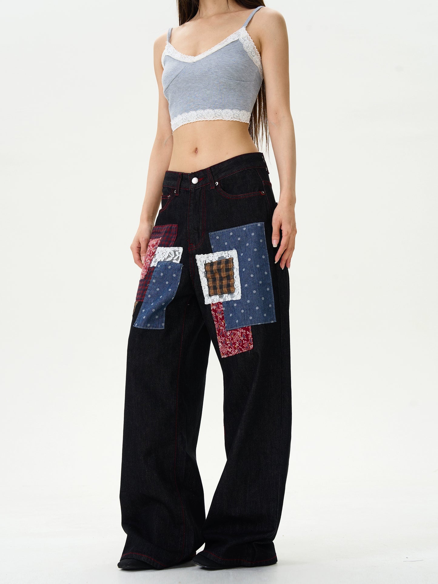 TJ10039 Baggy Jeans/ Plaid Patchwork