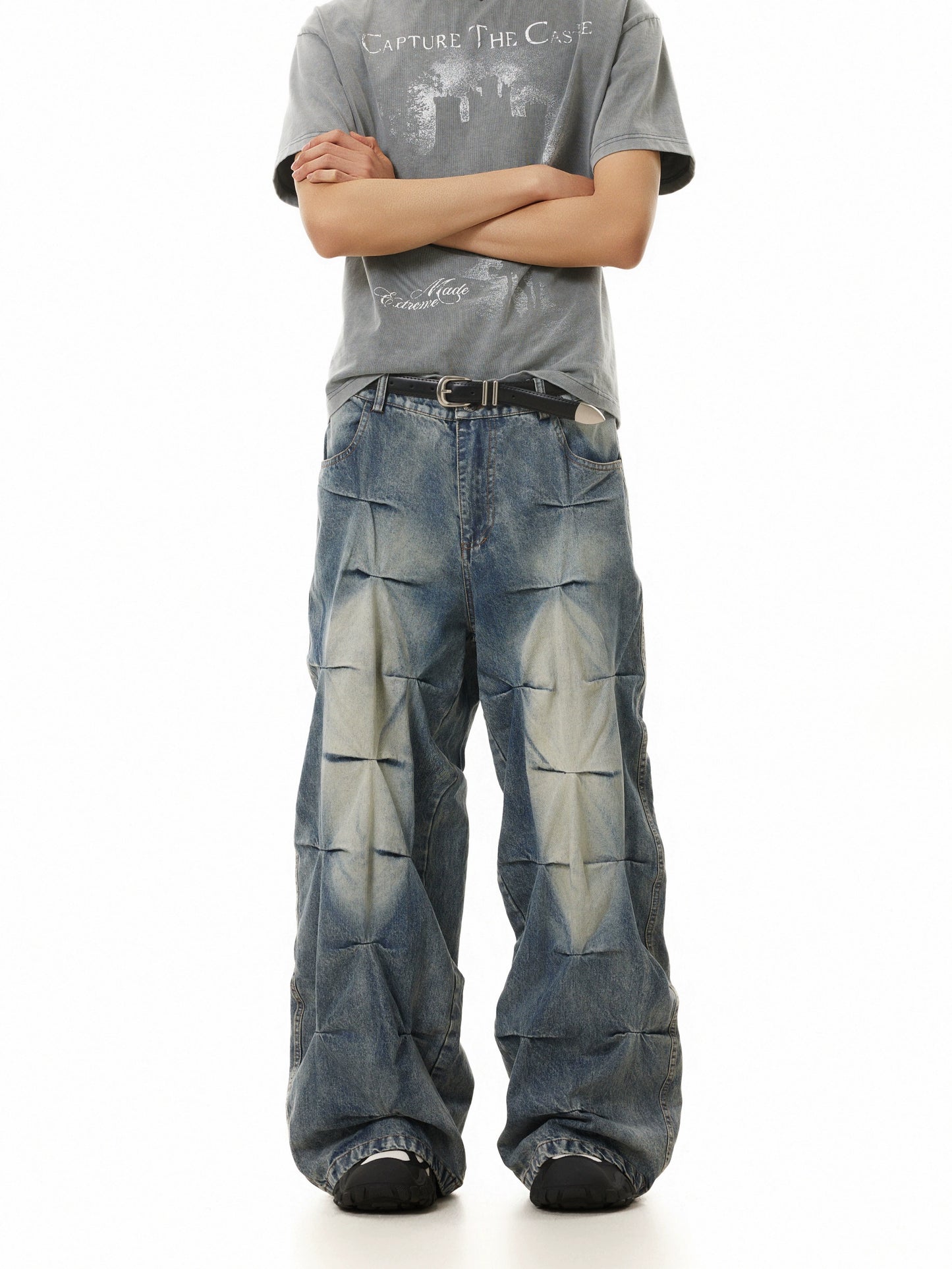 TJ10111 Baggy Allover Pleated Jeans