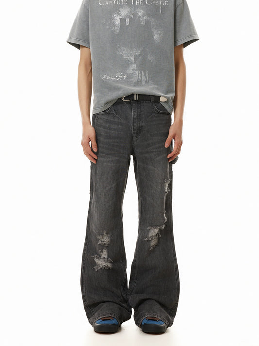 TJ10117 Distressed Gray Washed Flare Jeans