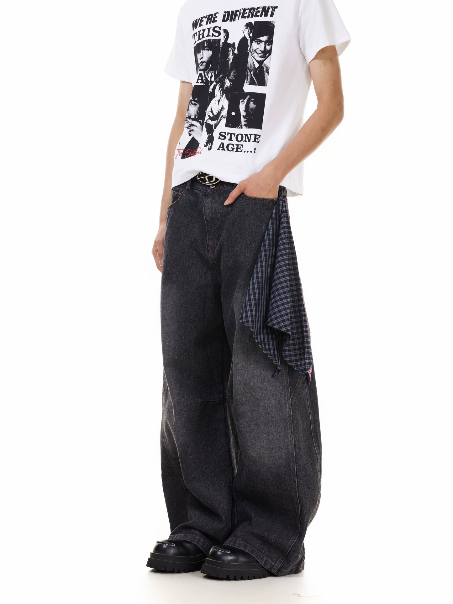 TJ10144 Baggy Washed Distressed Plaid Square Jeans