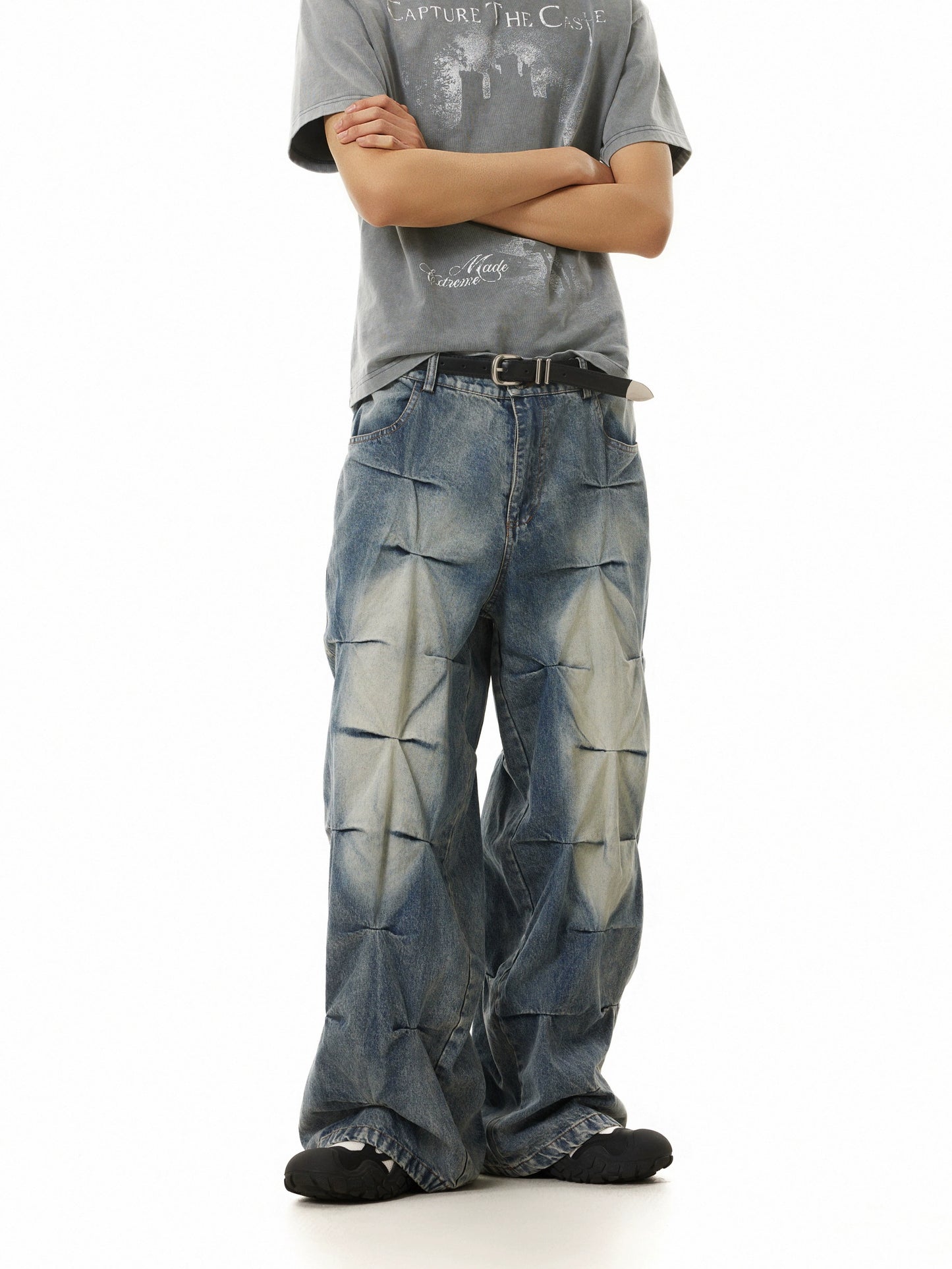 TJ10111 Baggy Allover Pleated Jeans