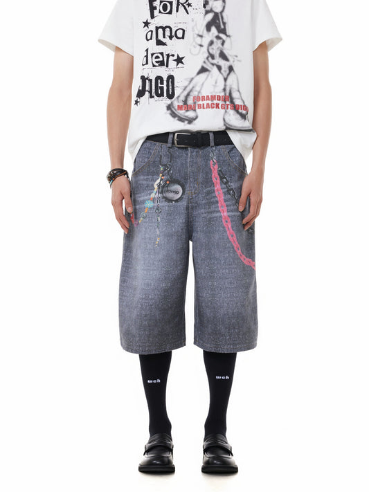 TJ10146 Baggy Vintage 3D Digital Printed Pink Chain Shorts