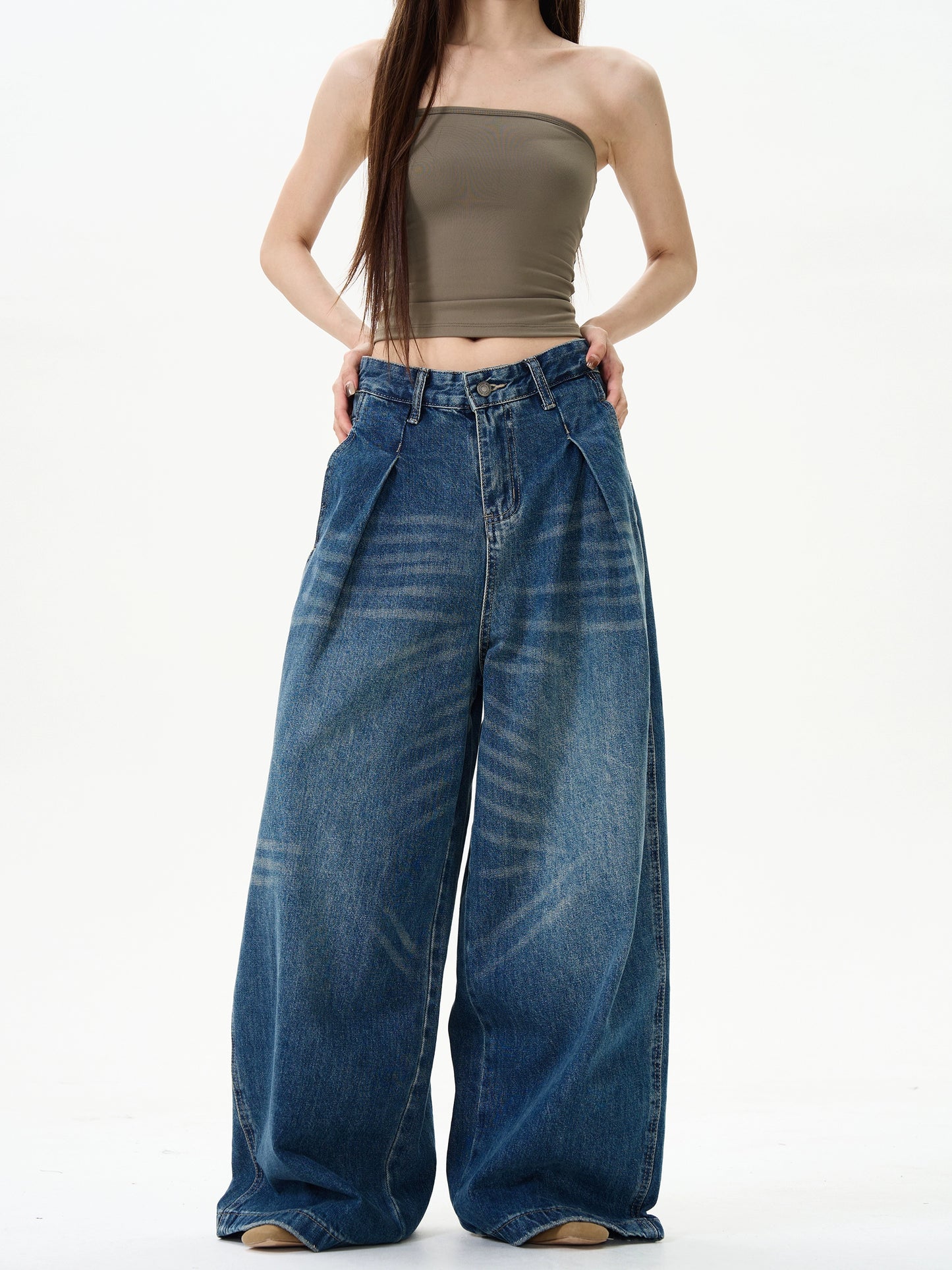TJ10047 Baggy Wide Jeans/ Pleat Drift
