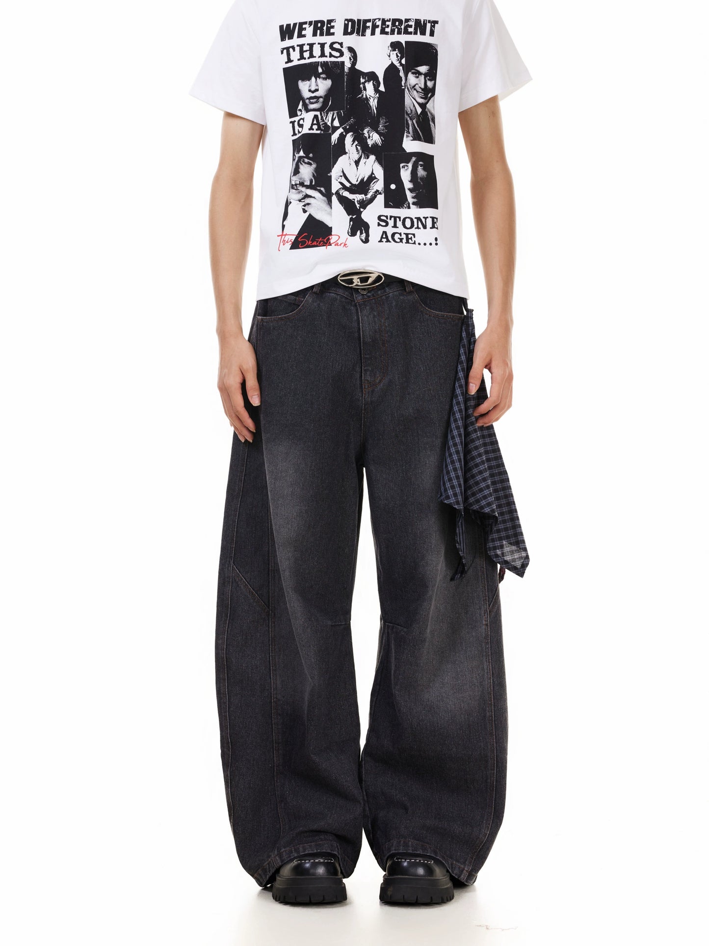 TJ10144 Baggy Washed Distressed Plaid Square Jeans