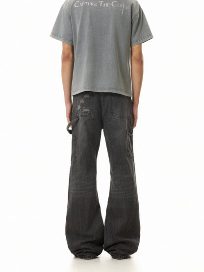 TJ10117 Distressed Gray Washed Flare Jeans