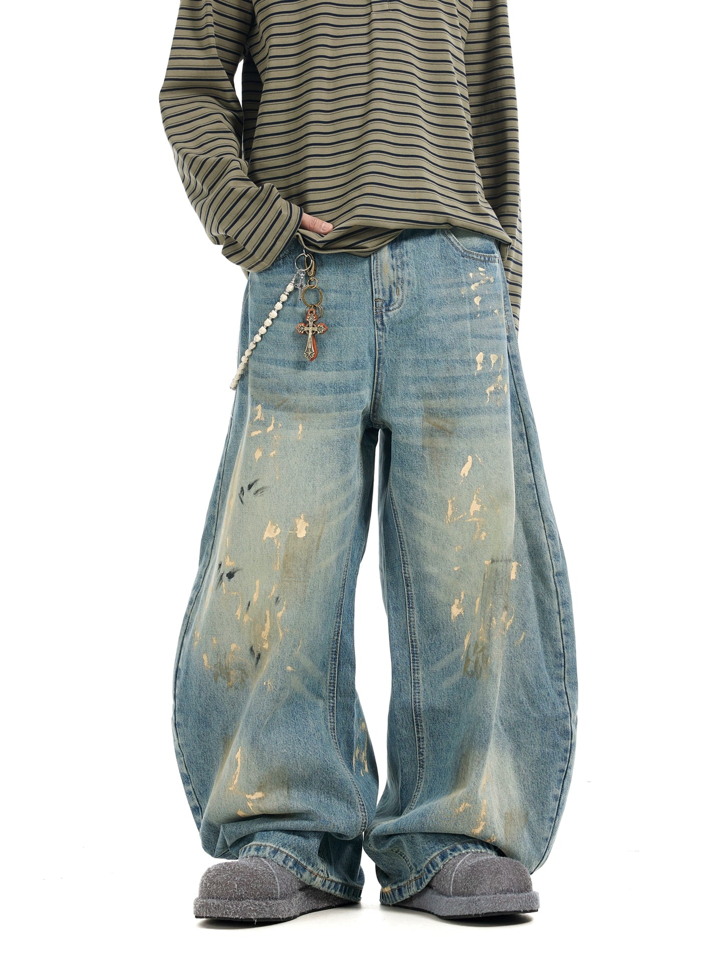 TJ10135 Baggy Retro Dirty Ink Splashed Jeans