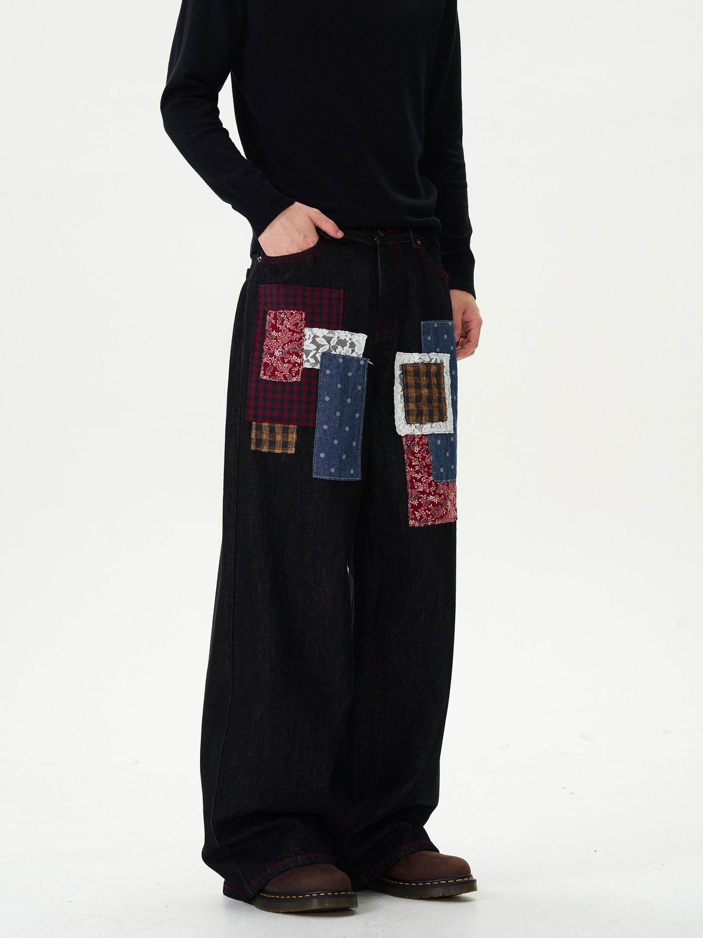 TJ10039 Baggy Jeans/ Plaid Patchwork