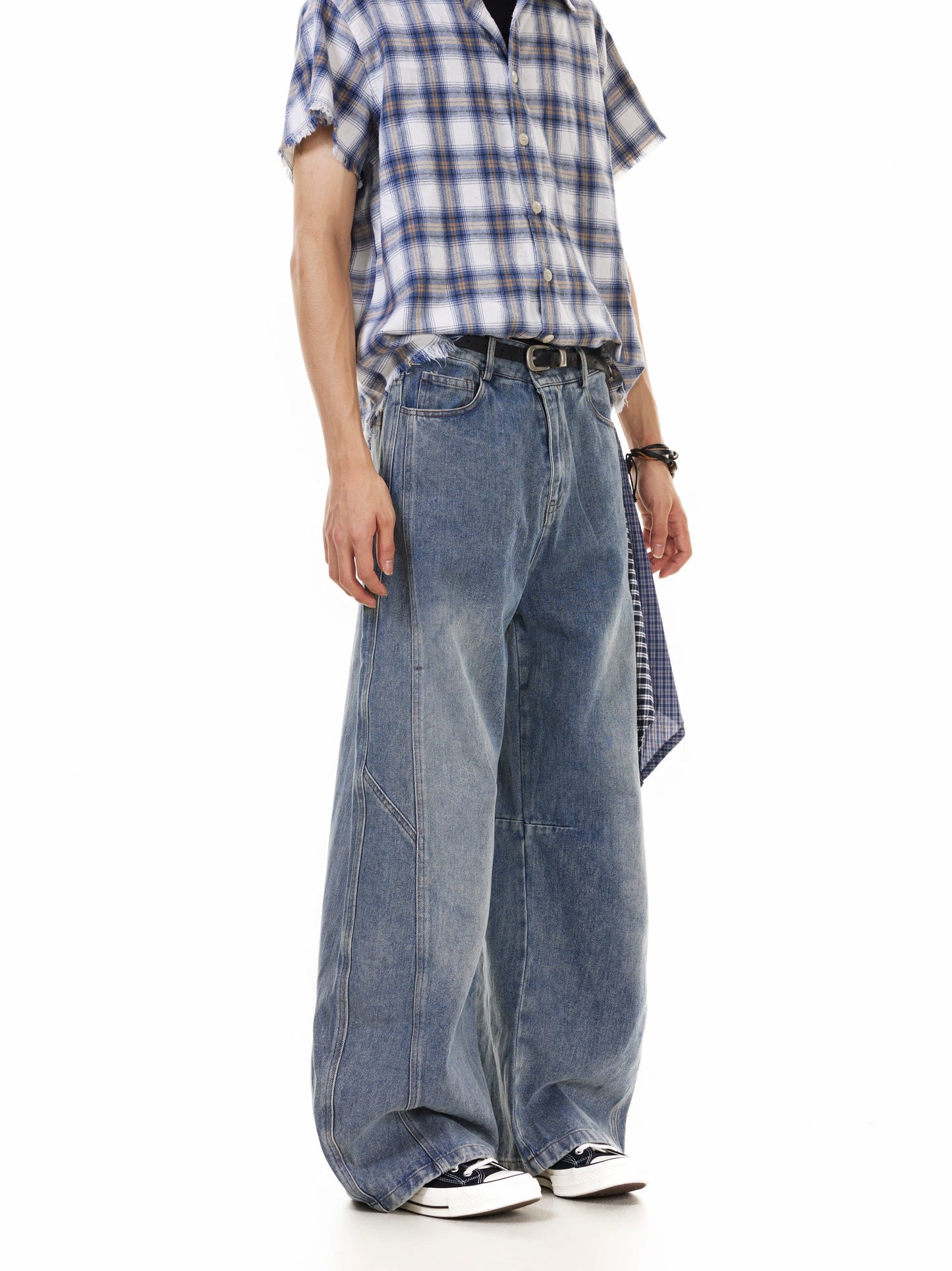 TJ10144 Baggy Washed Distressed Plaid Square Jeans