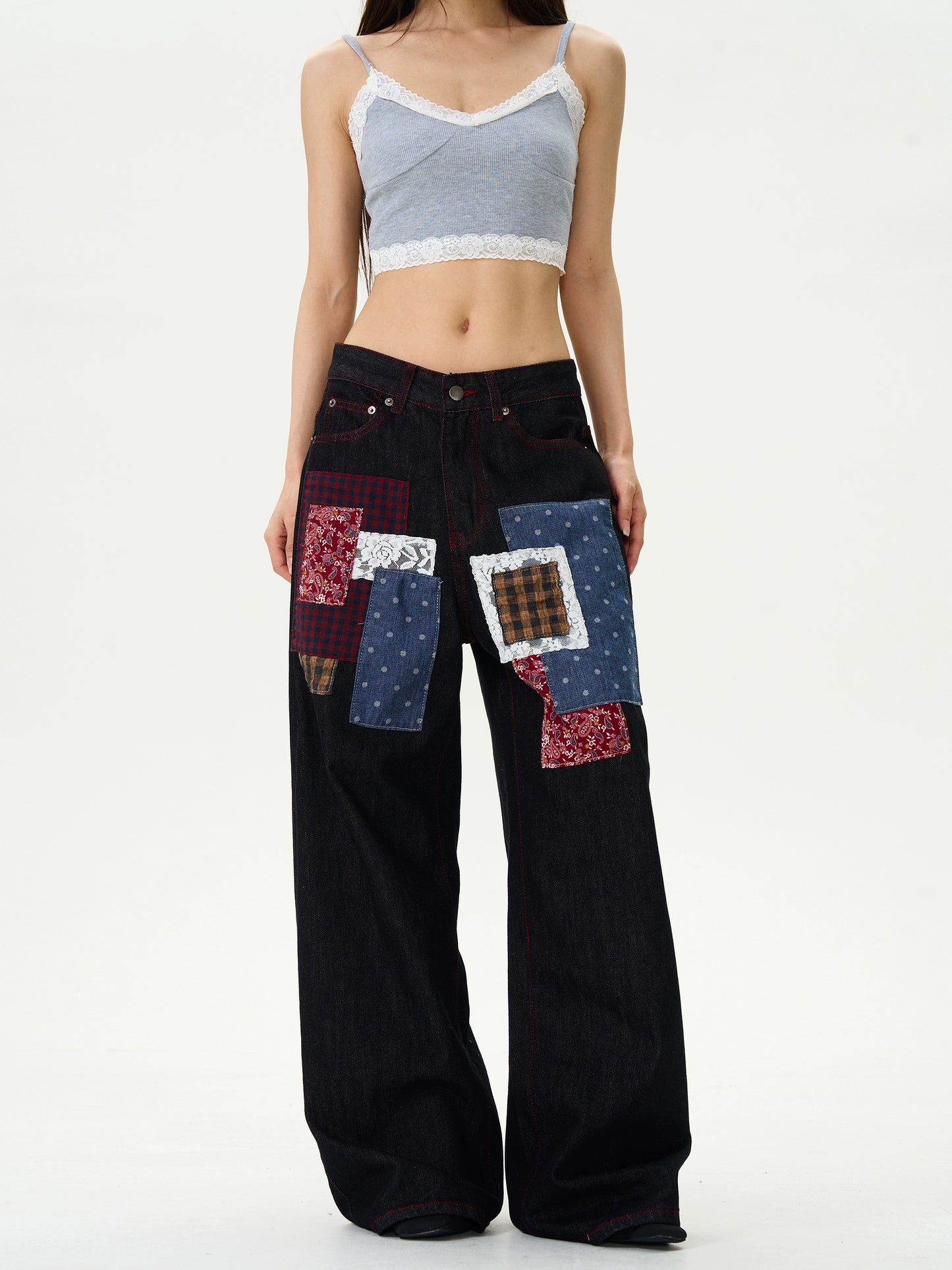 TJ10039 Baggy Jeans/ Plaid Patchwork