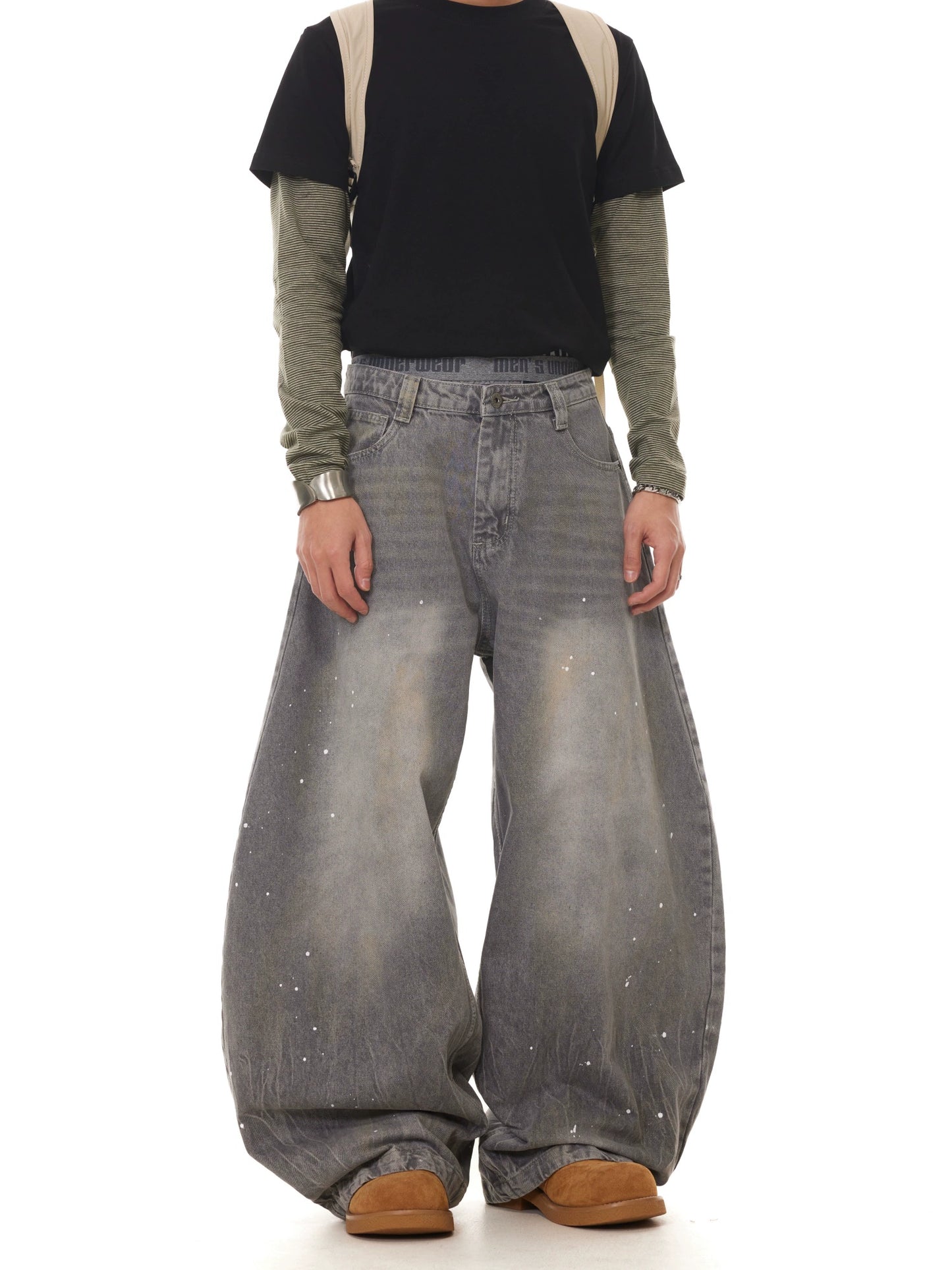 TJ10107 Baggy Gray Washed Distressed Paint Splash Jeans