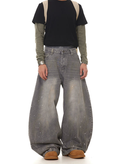 TJ10107 Baggy Gray Washed Distressed Paint Splash Jeans