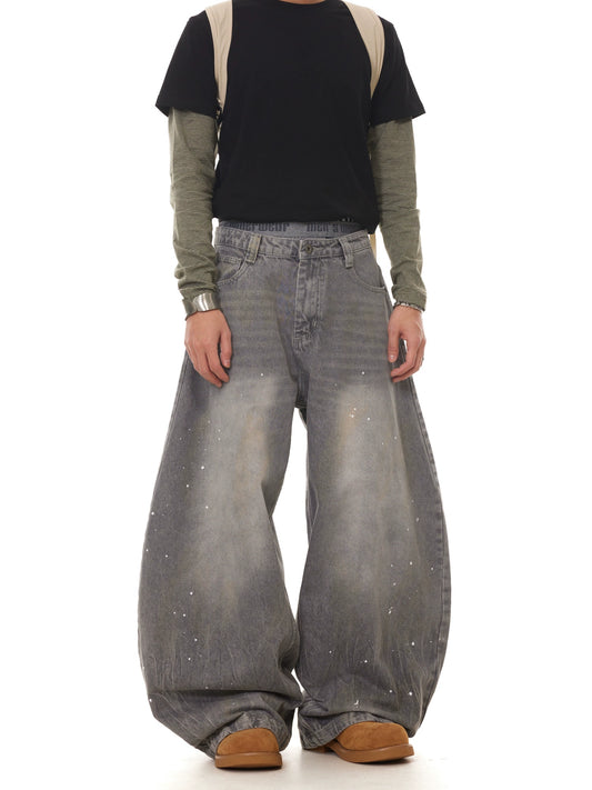 TJ10107 Baggy Gray Washed Distressed Paint Splash Jeans