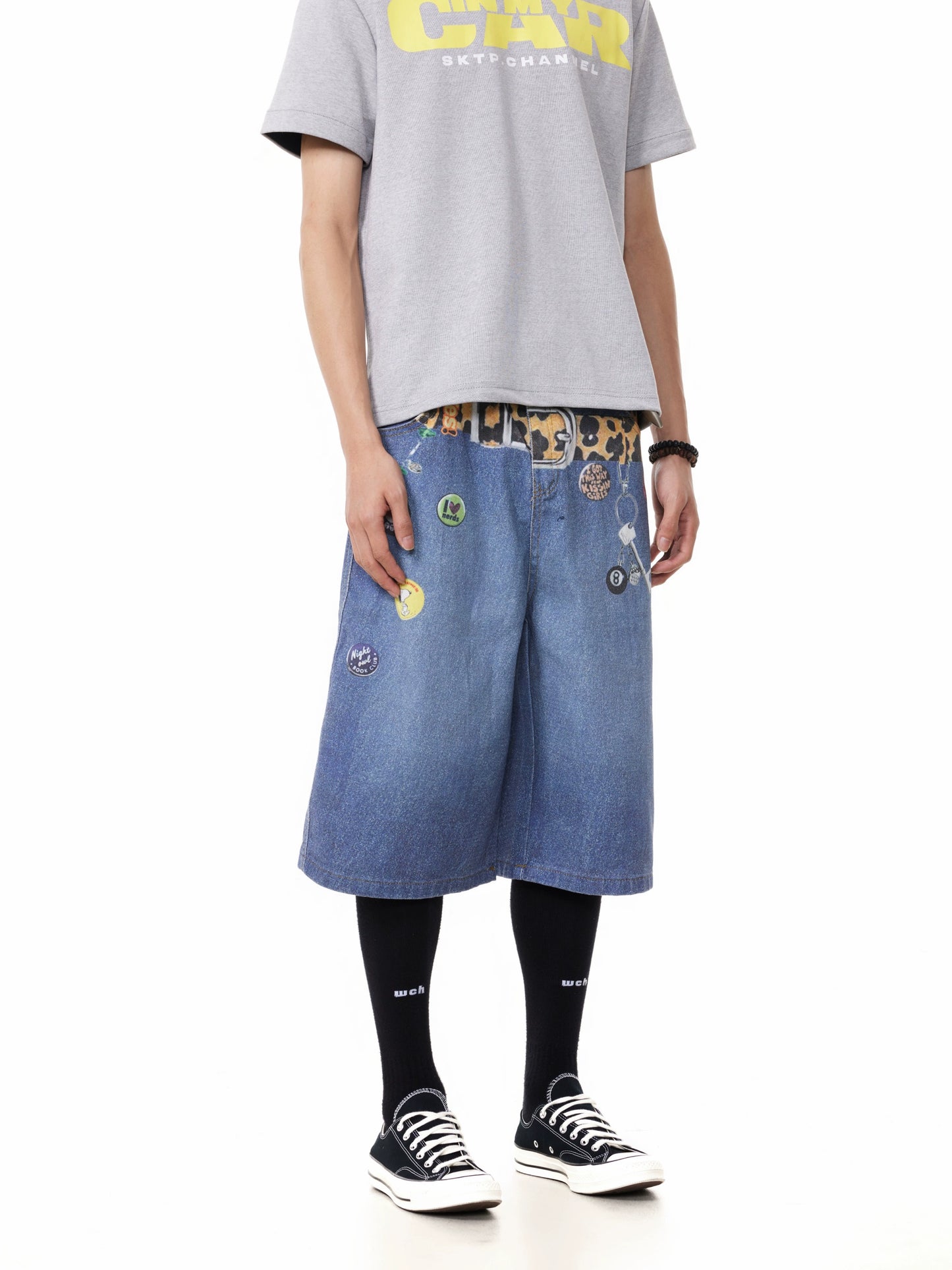 TJ10145 Baggy Vintage 3D Belt Print Denim Shorts/Jorts