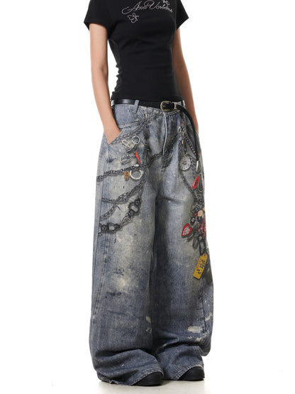 TJ10142 Baggy Washed and Distressed 3D Digital Printed Chain Jeans