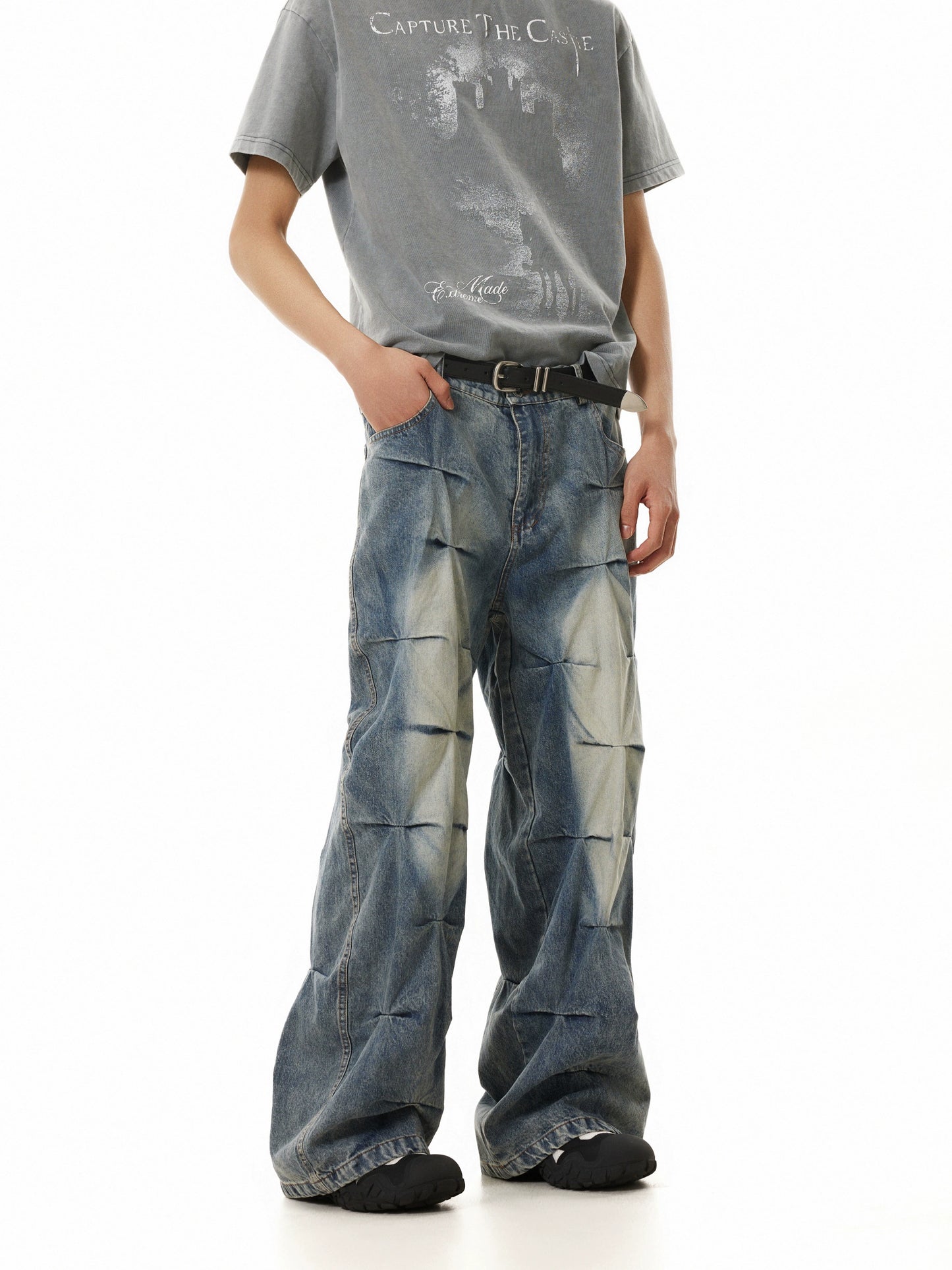 TJ10111 Baggy Allover Pleated Jeans
