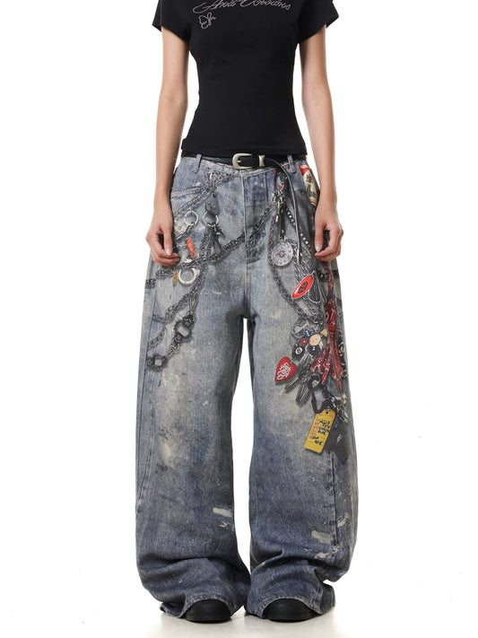 TJ10142 Baggy Washed and Distressed 3D Digital Printed Chain Jeans