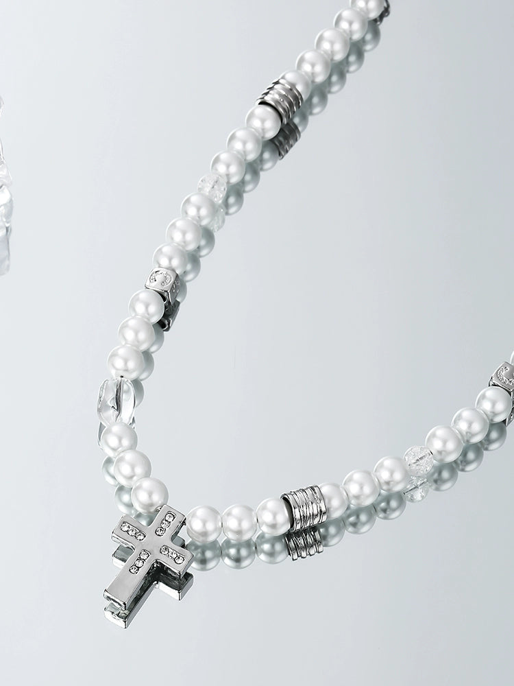 VOYAGE Baroque Pearl Necklace Cross Pendant Men's Fashion Brand Light Luxury Niche Clavicle Chain Accessories
