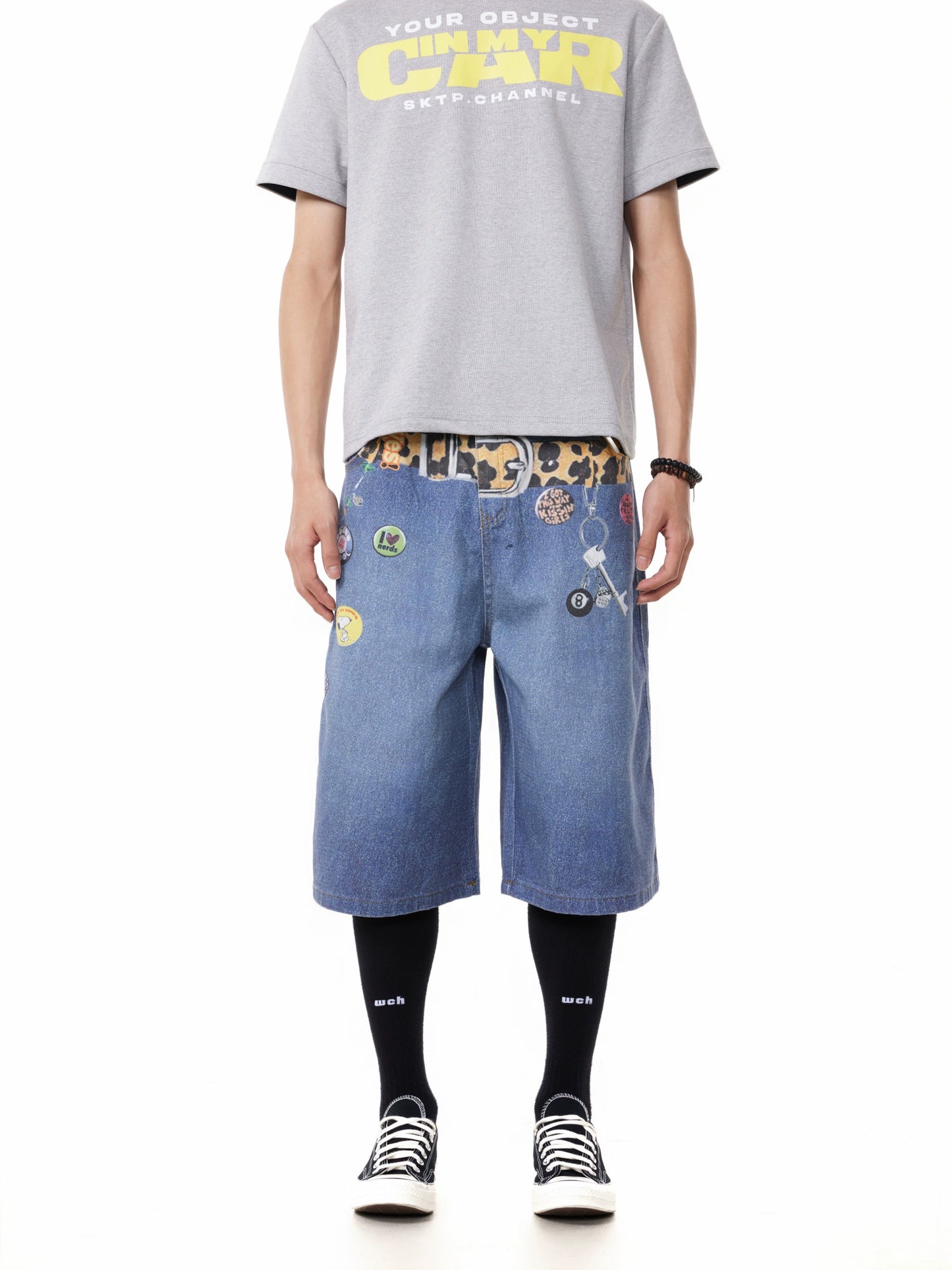 TJ10145 Baggy Vintage 3D Belt Print Denim Shorts/Jorts