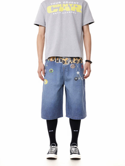 TJ10145 Baggy Vintage 3D Belt Print Denim Shorts/Jorts